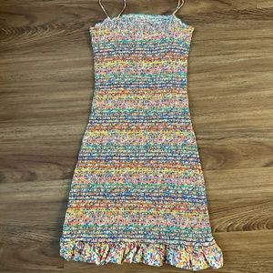 Women's Summer Floral Spaghetti Strap Square Neck Ruffle Tie Mini Smocked Dress
